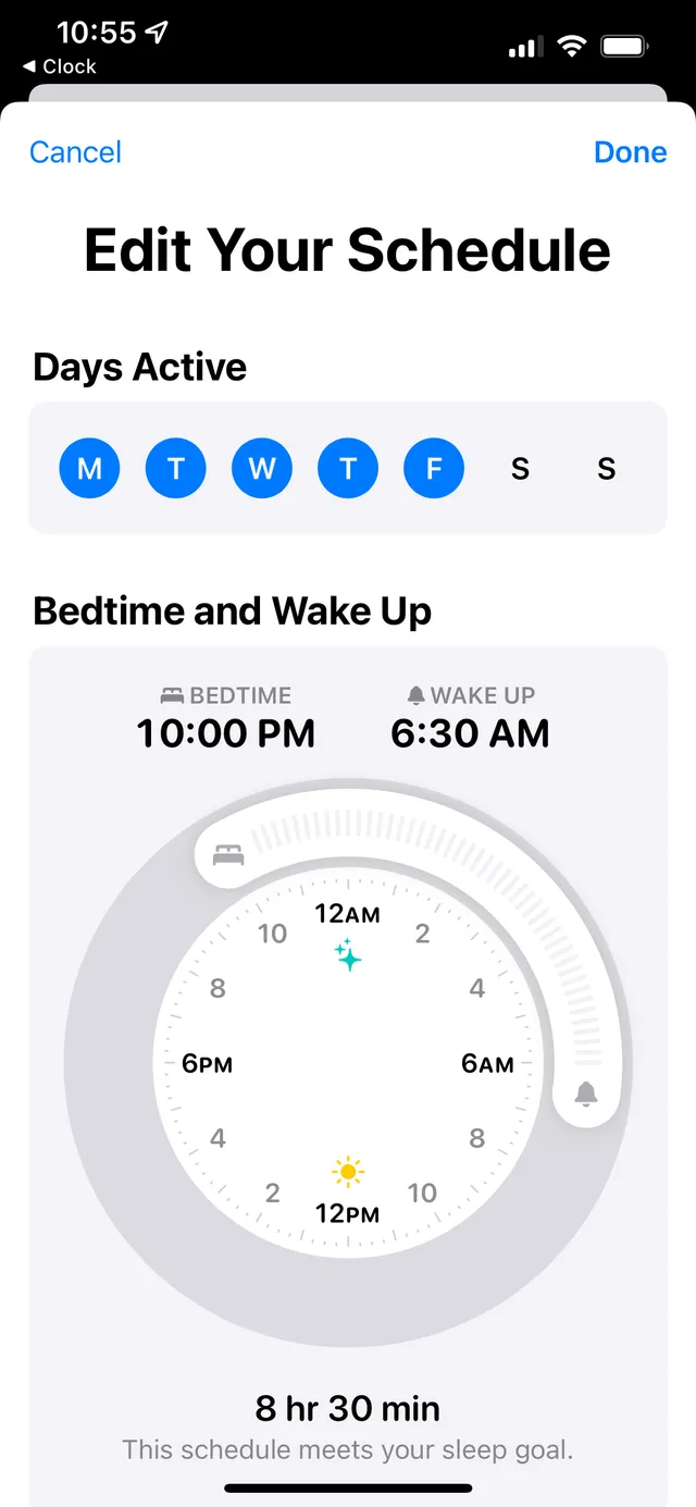 Screenshot of my sleep schedule in the Sleep section of the Health app. Days Active is Monday-Friday, Bedtime is 10:00 PM, and Wake Up is 6:30 AM.